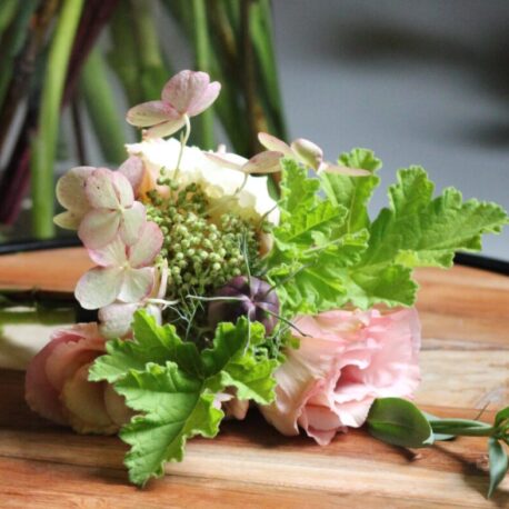 corsage using nigella pods & attar of Roses scented geranium